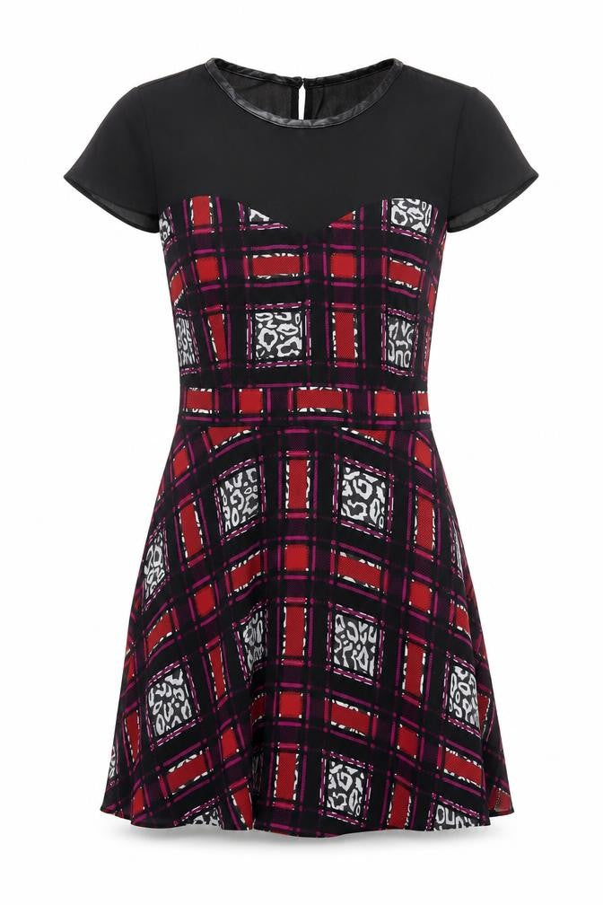 Front view of Marks & Spencer women’s black geometric polyester a-line, size UK 10, round neck zip - lined