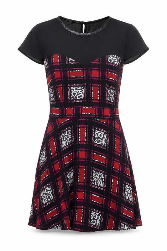 Front view of Marks & Spencer women’s black geometric polyester a-line, size UK 10, round neck zip - lined