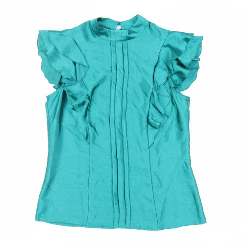 Marks and Spencer Womens Green Polyester Basic Blouse Size 12 Mock Neck - Ruffle