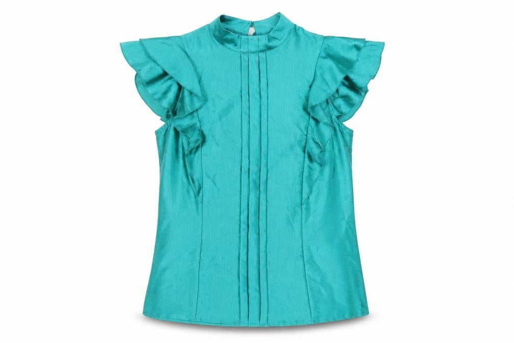 Front view of Marks & Spencer women’s green polyester basic blouse, size UK 12, mock neck - ruffle