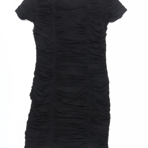 Warehouse Womens Black Nylon Mini Size 14 Boat Neck Pullover - Ruched