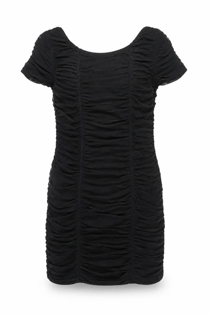 Front view of Warehouse women’s black nylon mini, size UK 14, boat neck pullover - ruched