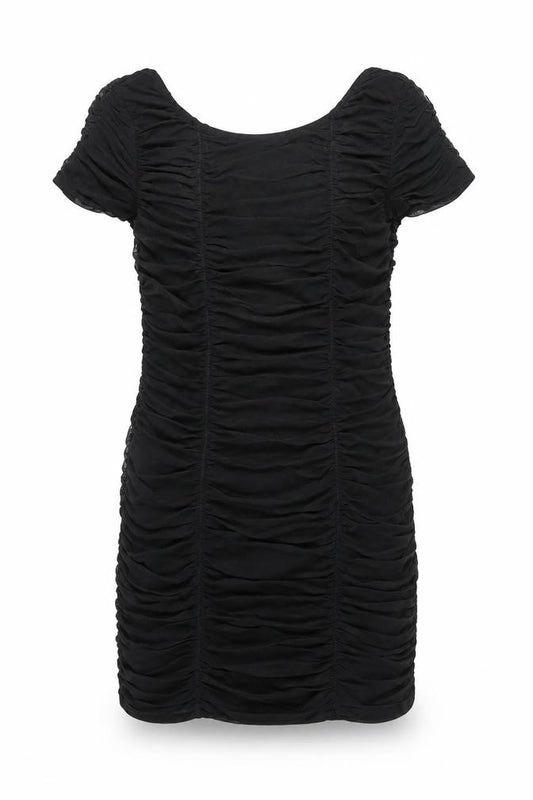 Front view of Warehouse women’s black nylon mini, size UK 14, boat neck pullover - ruched