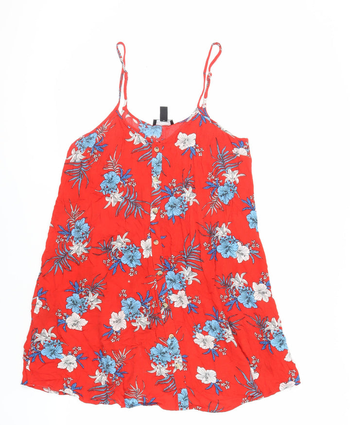 New Look Womens Red Floral Viscose Slip Dress Size M V-Neck Pullover