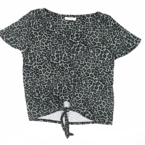 Oasis Womens Green Animal Print Viscose Basic Button-Up Size M V-Neck - Tie Front