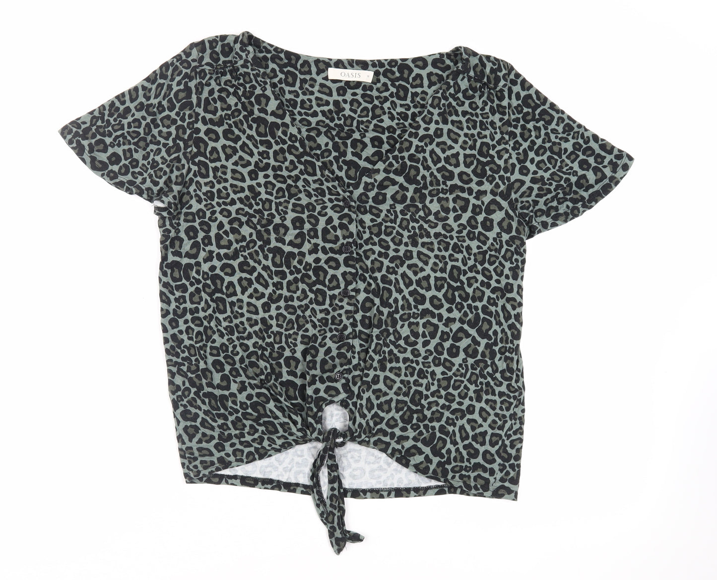 Oasis Womens Green Animal Print Viscose Basic Button-Up Size M V-Neck - Tie Front