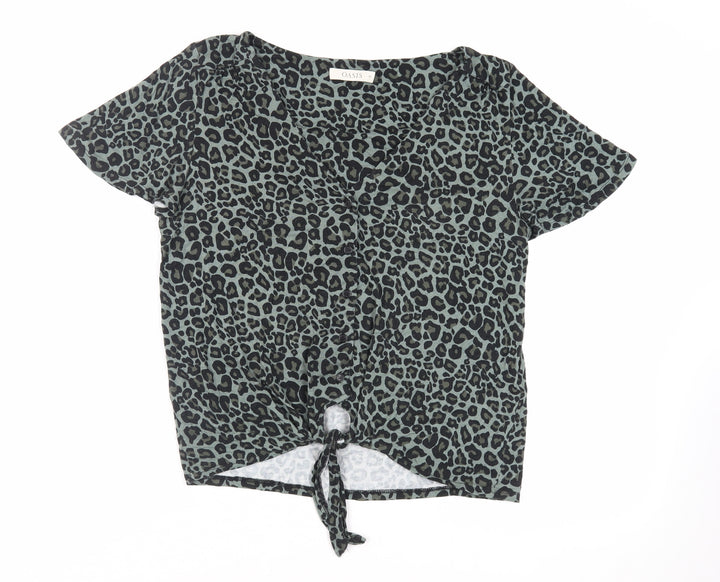 Oasis Womens Green Animal Print Viscose Basic Button-Up Size M V-Neck - Tie Front