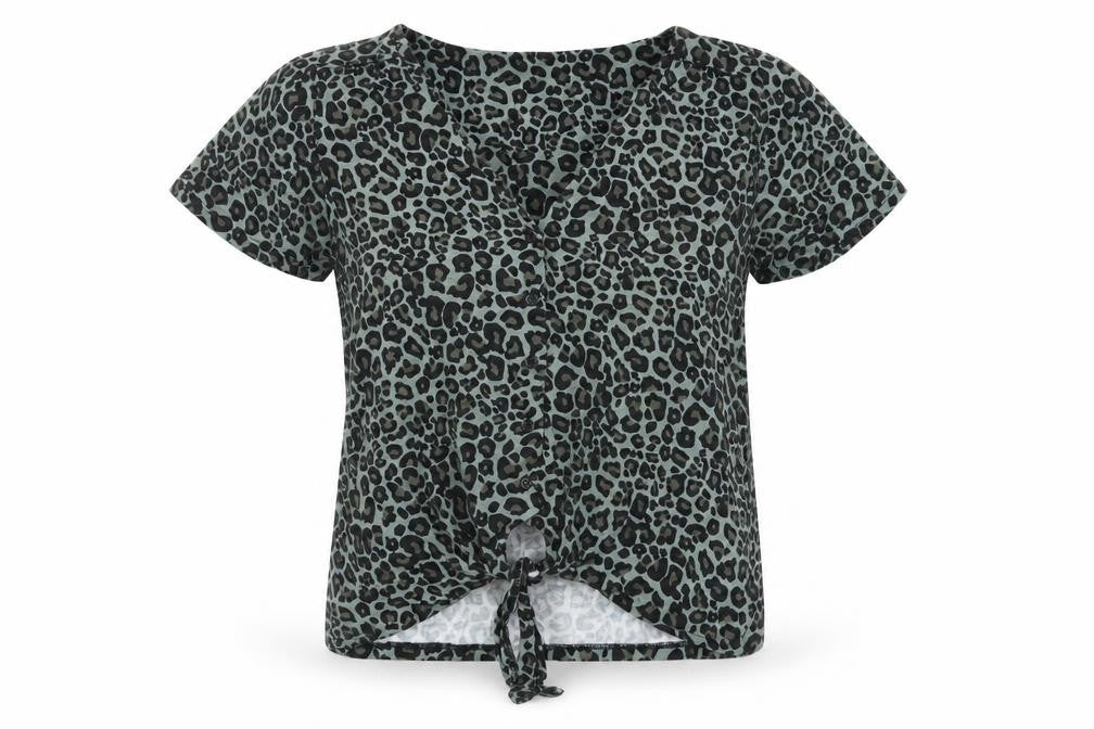 Front view of Oasis women’s green animal print viscose basic button-up, size M, v-neck - tie front