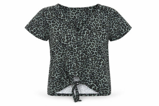 Front view of Oasis women’s green animal print viscose basic button-up, size M, v-neck - tie front