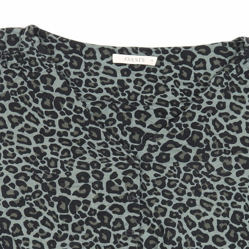 Oasis Womens Green Animal Print Viscose Basic Button-Up Size M V-Neck - Tie Front