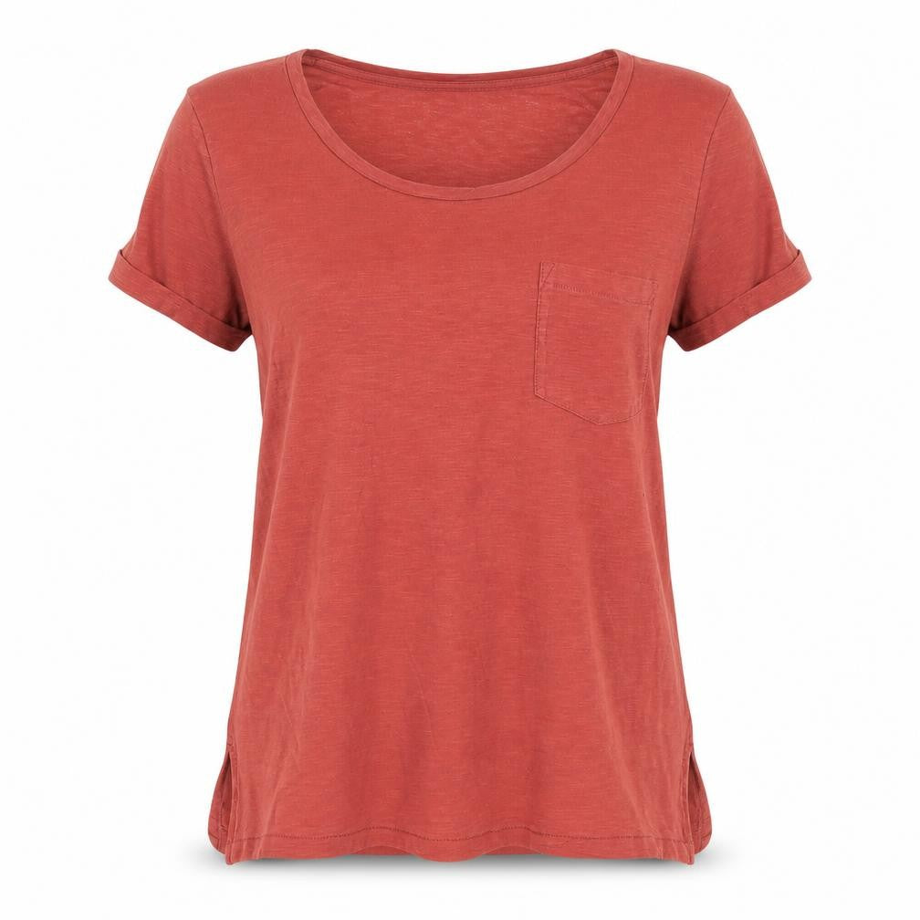 Front view of Next women’s red cotton basic t-shirt, size UK 8, round neck - pocket detail