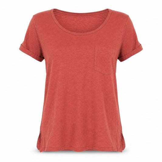Front view of Next women’s red cotton basic t-shirt, size UK 8, round neck - pocket detail