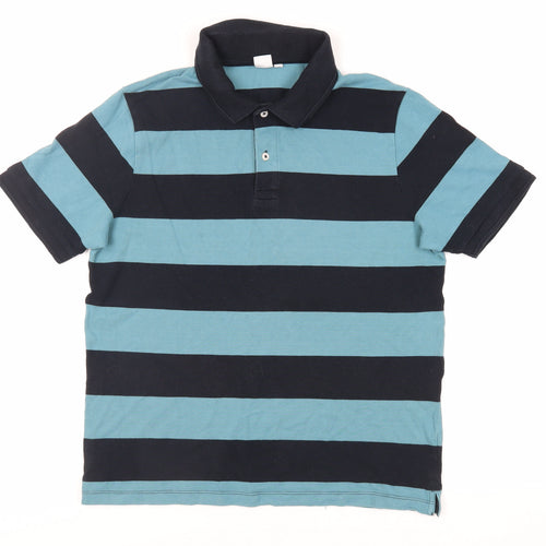 John Lewis Mens Blue Striped Cotton Polo Size L Collared Button