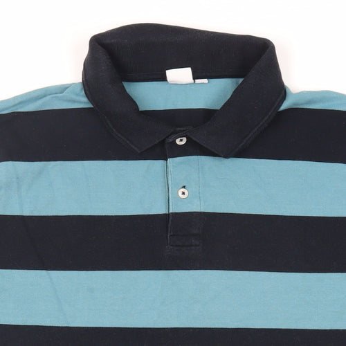 John Lewis Mens Blue Striped Cotton Polo Size L Collared Button