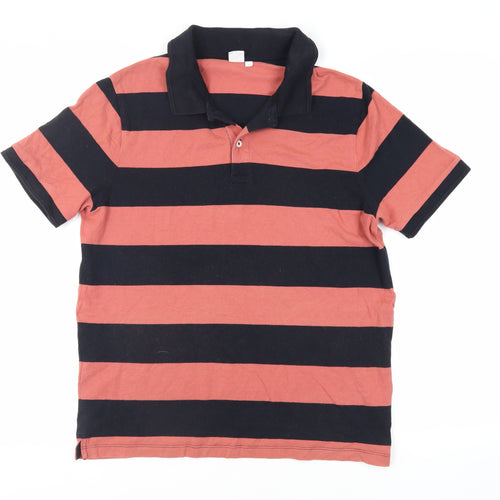 John Lewis Mens Black Striped Cotton Polo Size L Collared Button