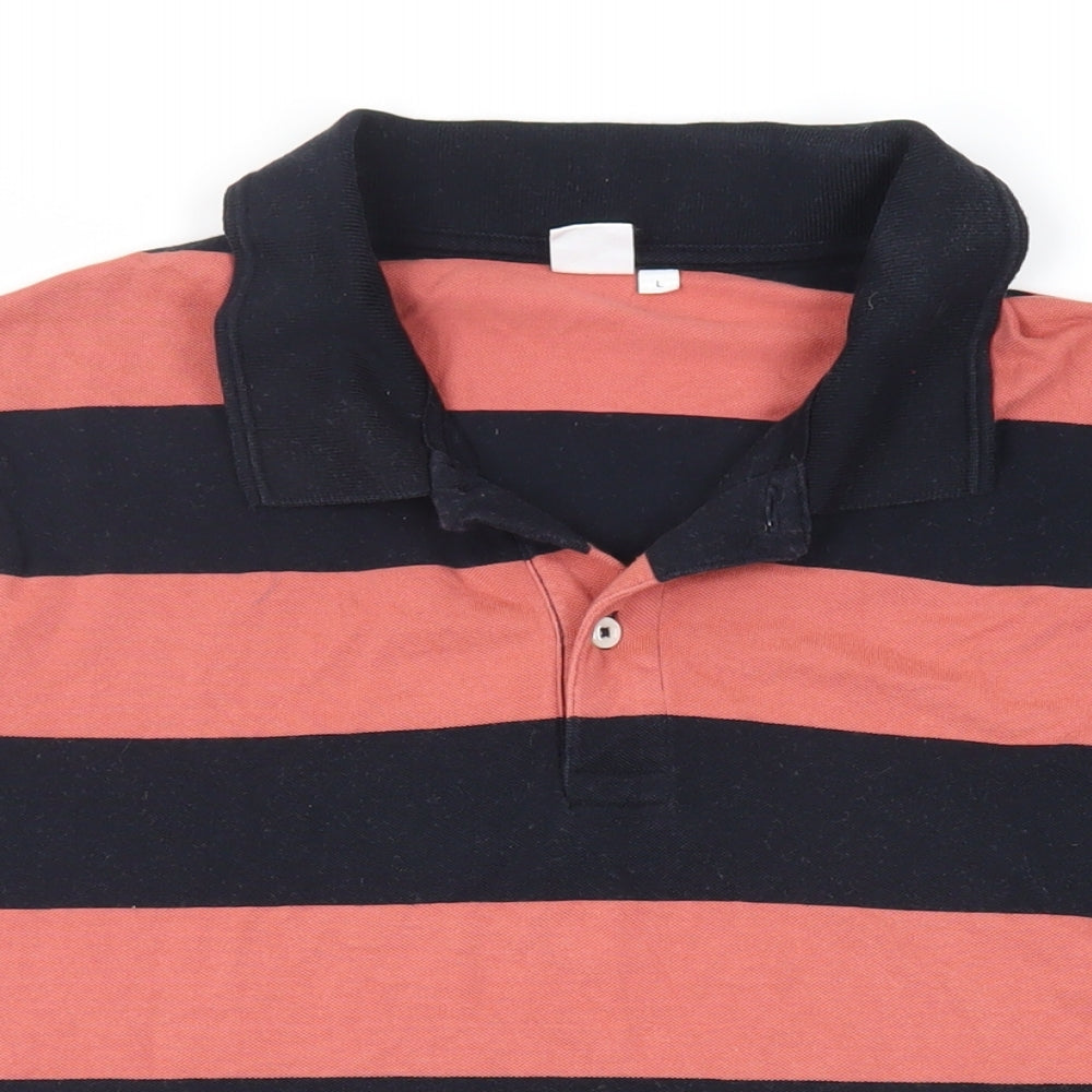 John Lewis Mens Black Striped Cotton Polo Size L Collared Button