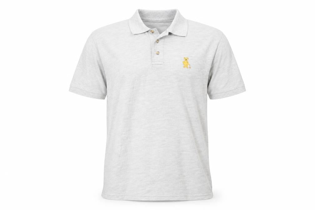 Front view of English Teddy Bear Company men’s grey polyester polo, size S, collared button - logo