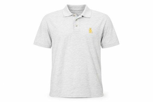 Front view of English Teddy Bear Company men’s grey polyester polo, size S, collared button - logo