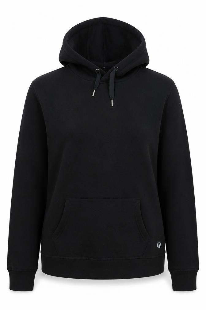 Front view of Marks & Spencer women’s black polyester pullover hoodie, size UK 14, pullover