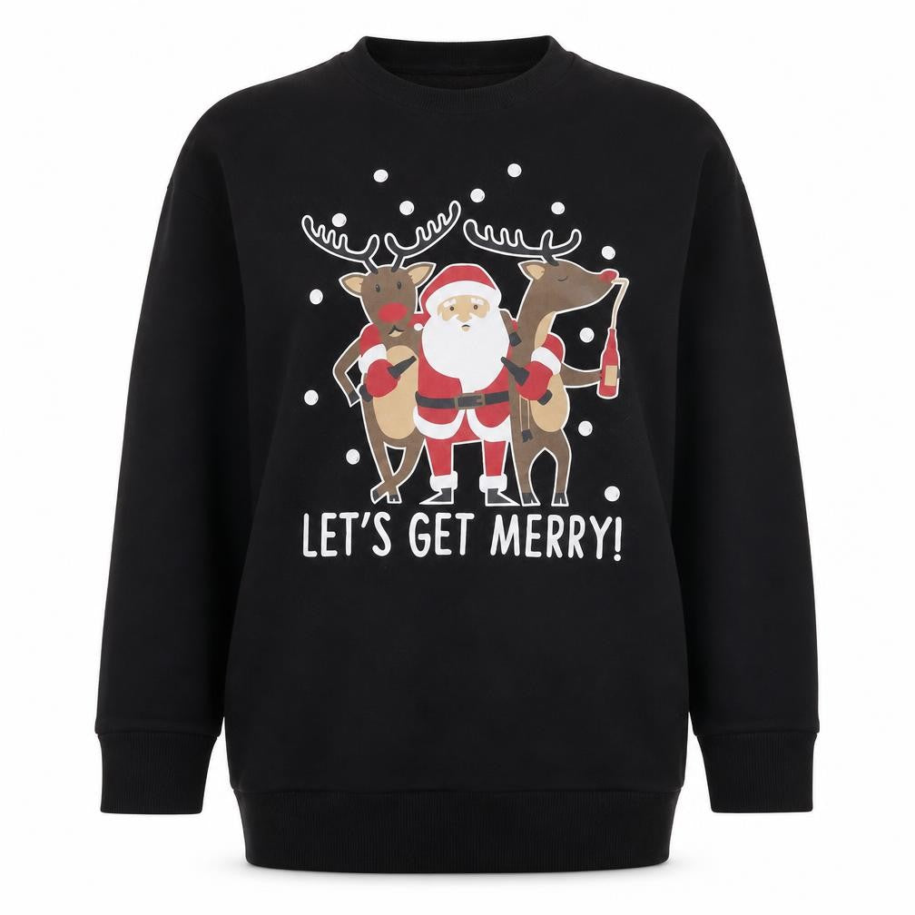 Front view of Be Jealous women’s black cotton pullover sweatshirt, pullover - let's get merry christmas tunic