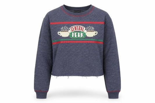 Front view of Friends women’s blue cotton pullover sweatshirt, size UK 12, pullover - central perk, size UK 12-14, cropped