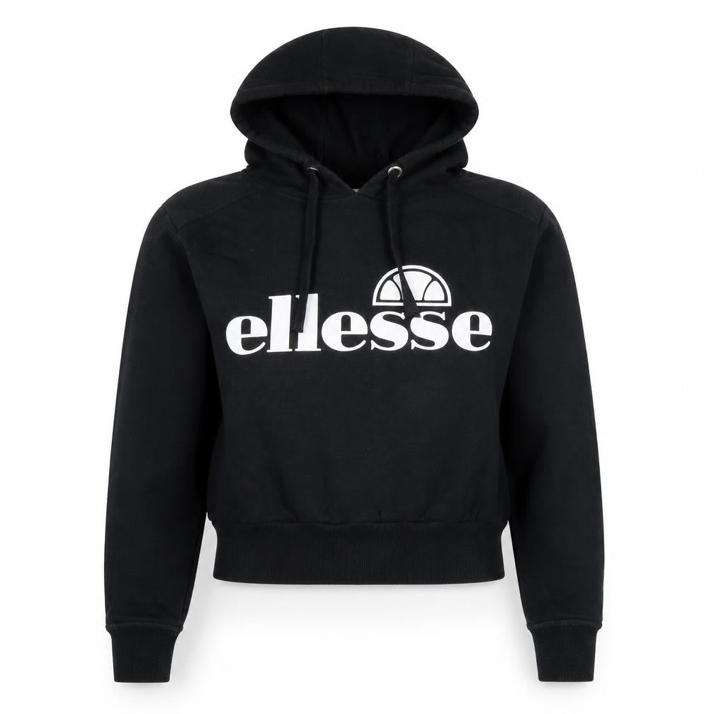 Front view of Ellesse women’s black cotton pullover hoodie, size M, pullover