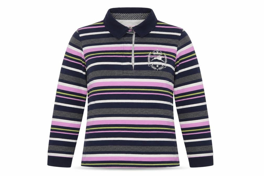 Front view of Tottie women’s multicoloured striped cotton jersey polo, size XS, collared