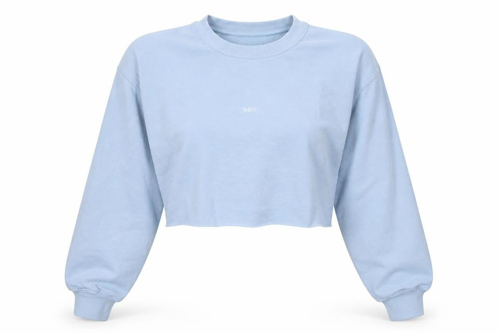 Front view of G&G women’s blue polyester pullover sweatshirt, size S, pullover
