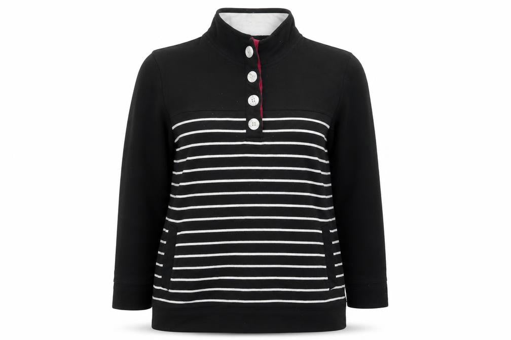 Front view of Bonmarché women’s black striped cotton pullover sweatshirt, size M, pullover