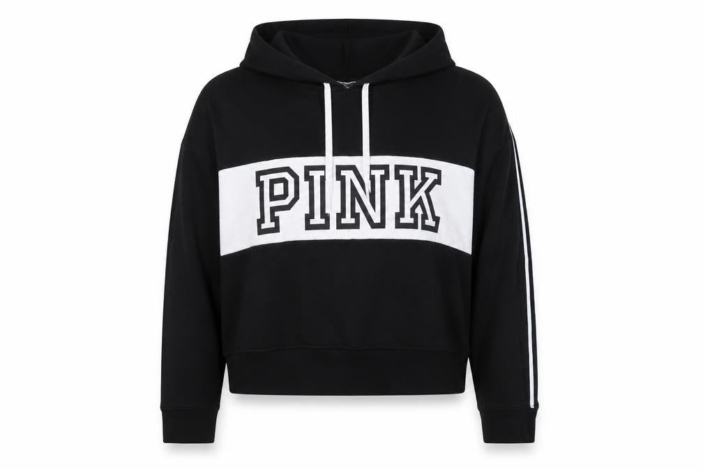 Front view of PINK women’s black cotton pullover sweatshirt, size L, pullover - logo