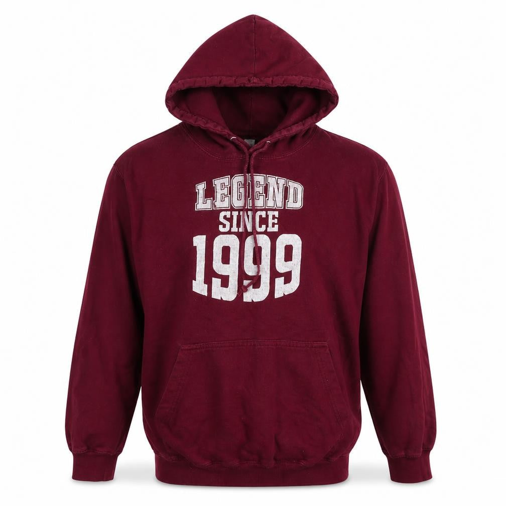 Front view of Legend men’s red cotton pullover hoodie, size M, - logo