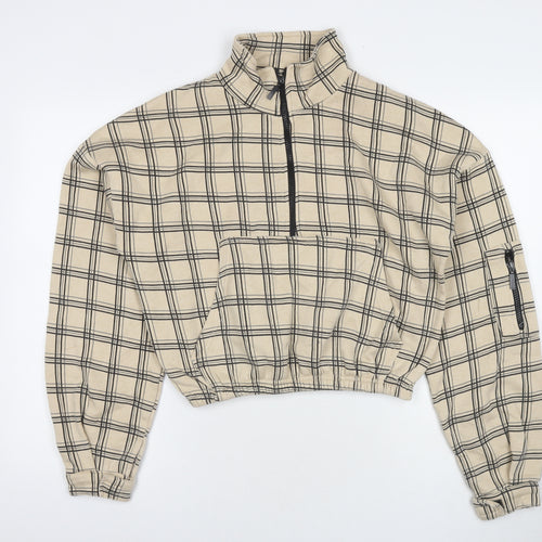 PRETTYLITTLETHING Womens Beige Check Polyester Pullover Sweatshirt Size S Pullover