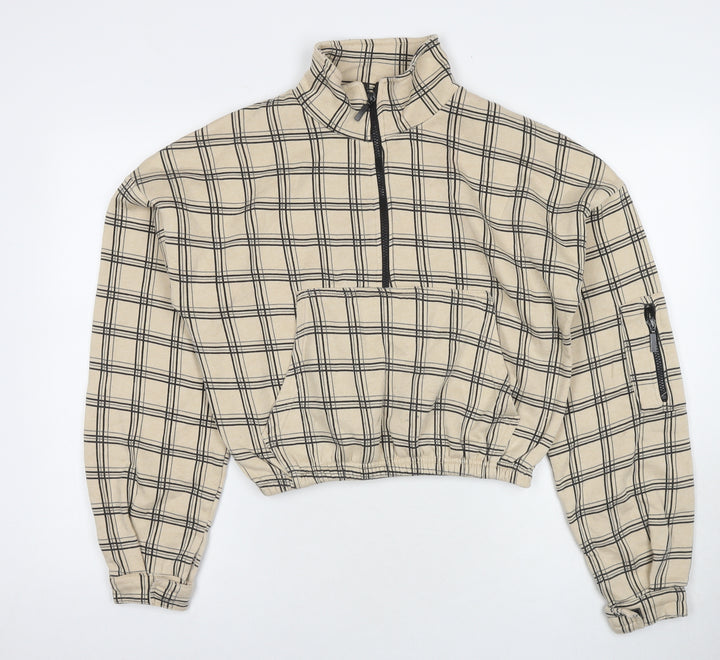 PRETTYLITTLETHING Womens Beige Check Polyester Pullover Sweatshirt Size S Pullover