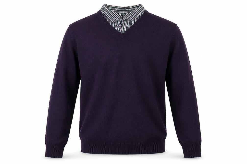 Front view of EWM men’s purple collared acrylic jumper, size L, long sleeve