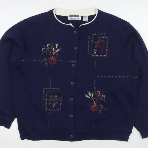 Snenanigans Womens Blue Cotton Full Zip Sweatshirt Size L Snap - Embraided Pumpkins