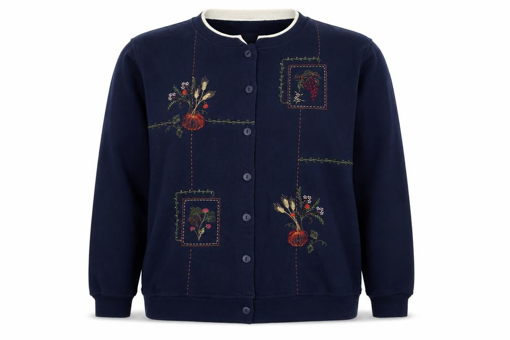 Front view of Snenanigans women’s blue cotton full zip sweatshirt, size L, snap - embraided pumpkins