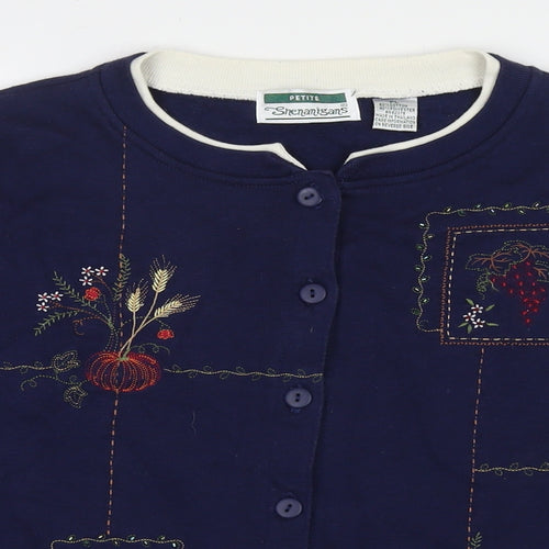 Snenanigans Womens Blue Cotton Full Zip Sweatshirt Size L Snap - Embraided Pumpkins