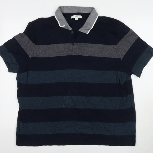 Marks and Spencer Mens Blue Striped Cotton Polo Size 2XL Collared Pullover