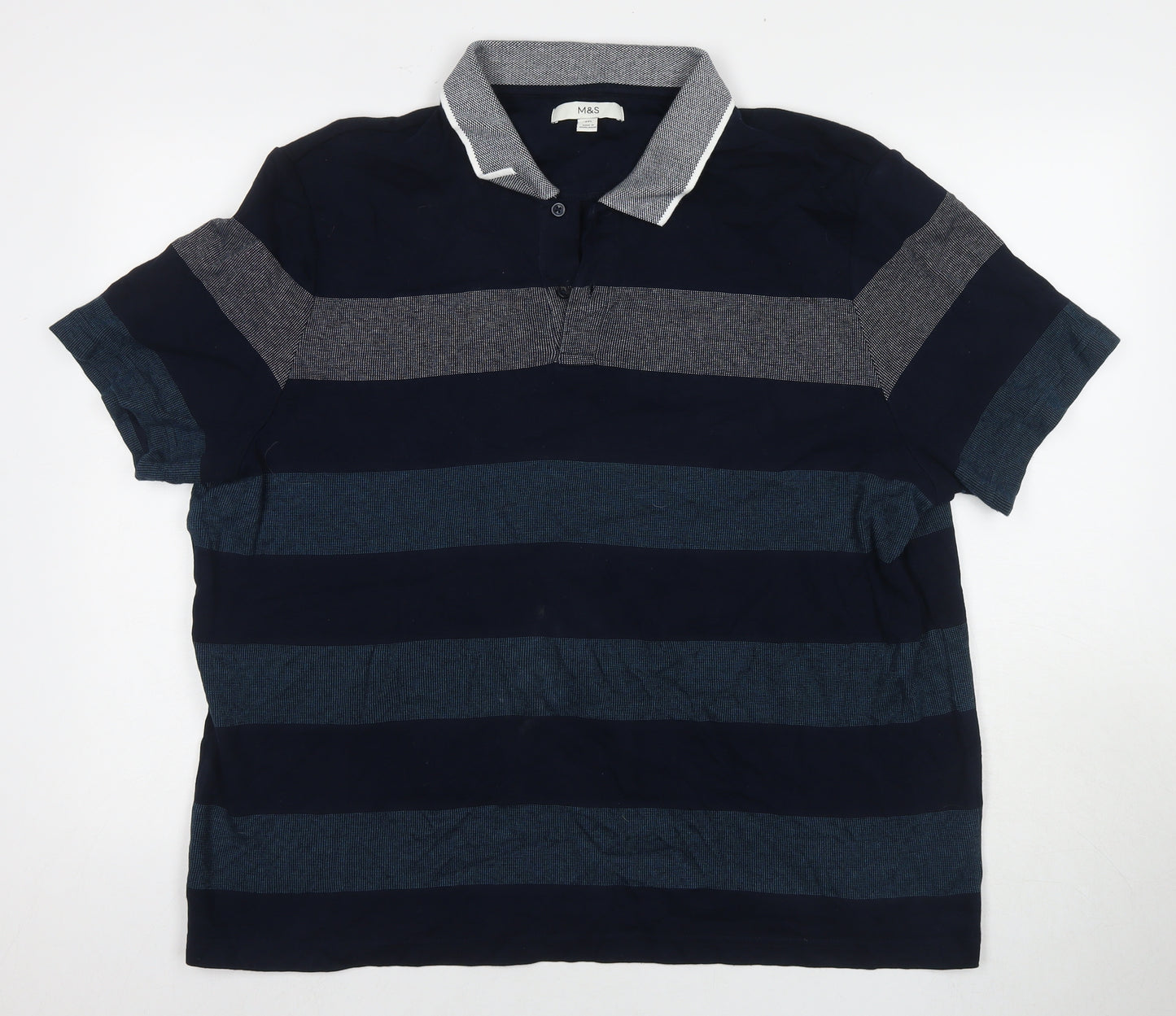 Marks and Spencer Mens Blue Striped Cotton Polo Size 2XL Collared Pullover