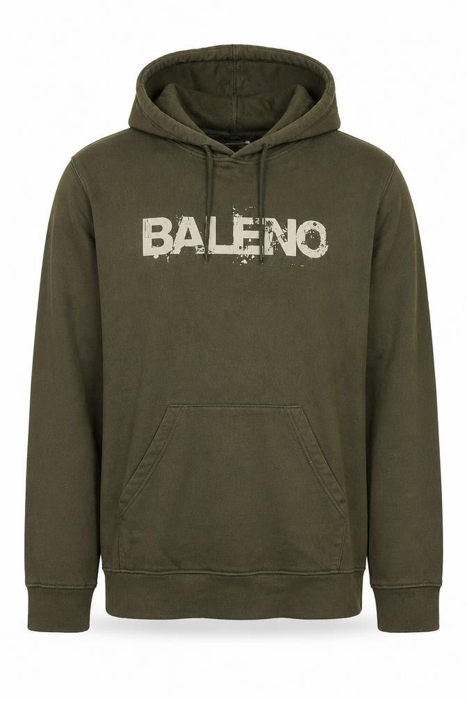 Front view of Baleno men’s green cotton pullover hoodie, size XL, - logo