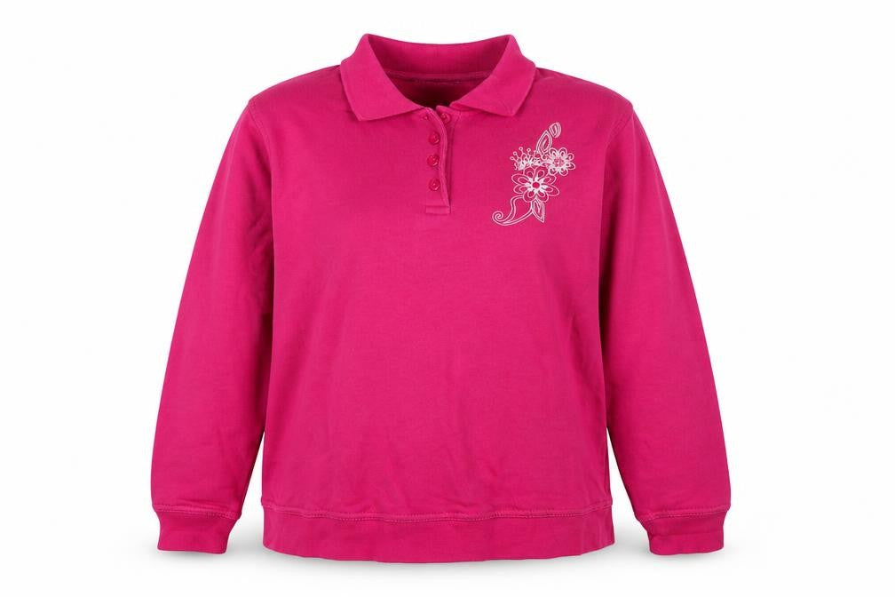Front view of EWM women’s pink cotton pullover sweatshirt, size UK 14, pullover - embraided flowers