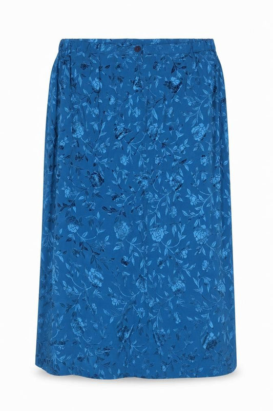 Front view of Ann Harvey women’s blue floral acetate maxi skirt, size UK 22, zip