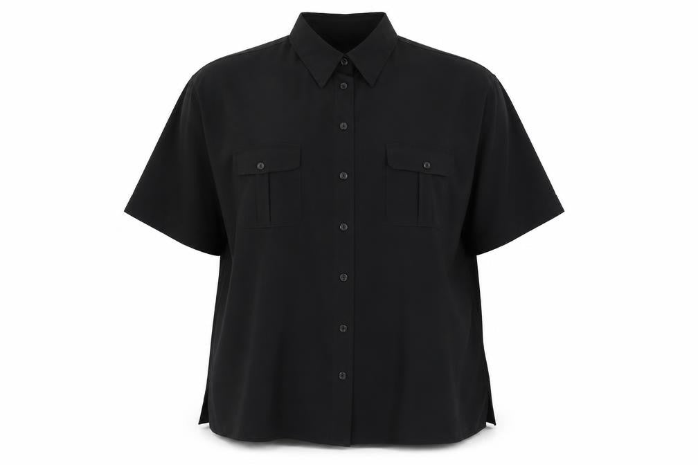 Front view of Bonmarché women’s black polyester basic button-up, size UK 22, collared