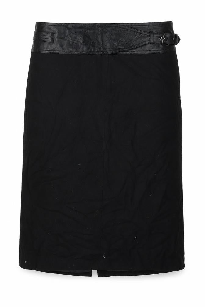 Front view of Next women’s black wool a-line skirt, size UK 14, zip