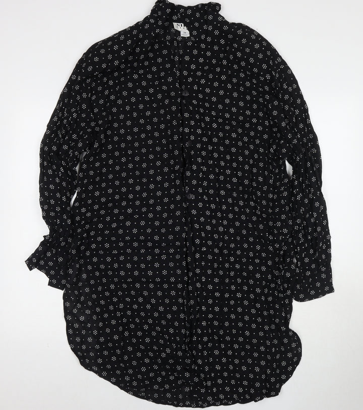 Nipon Studios Womens Black Geometric Polyester Shirt Dress Size 14 V-Neck Button - Side Slit(s)