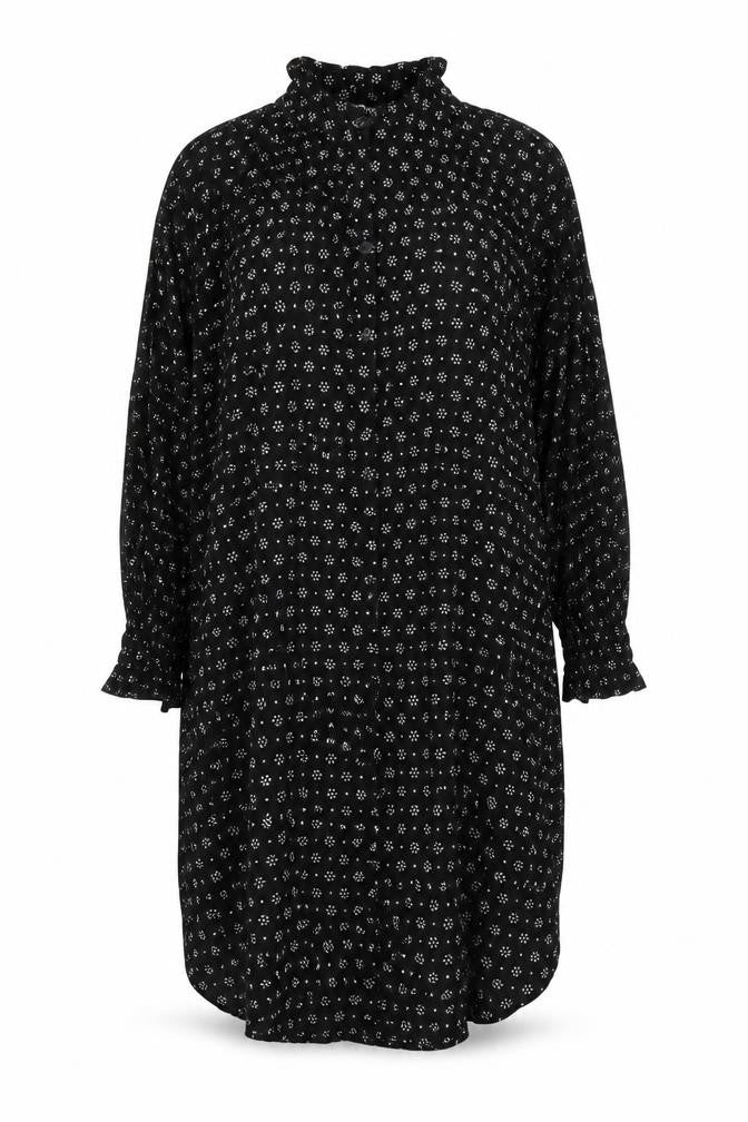Front view of Nipon Studios women’s black geometric polyester shirt dress, size UK 14, v-neck button - side slit(s)