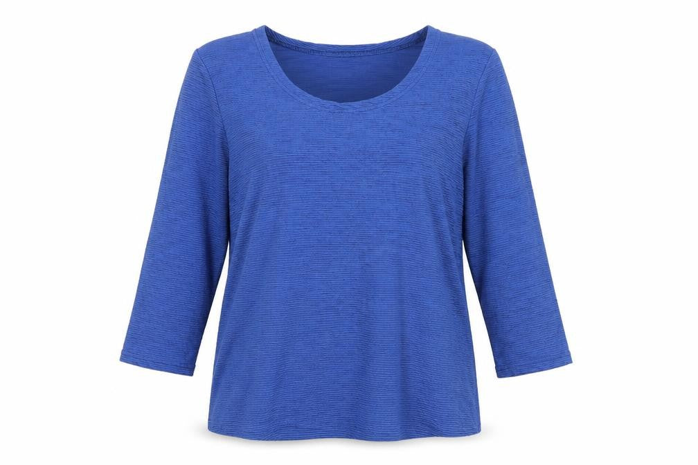 Front view of Stock Shop women’s blue polyester basic blouse, size L, scoop neck