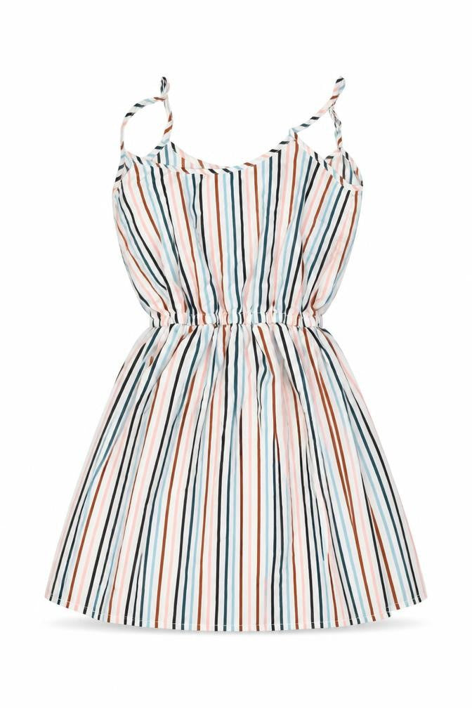 Front view of Boohoo women’s multicoloured striped polyester mini, size UK 8, square neck pullover