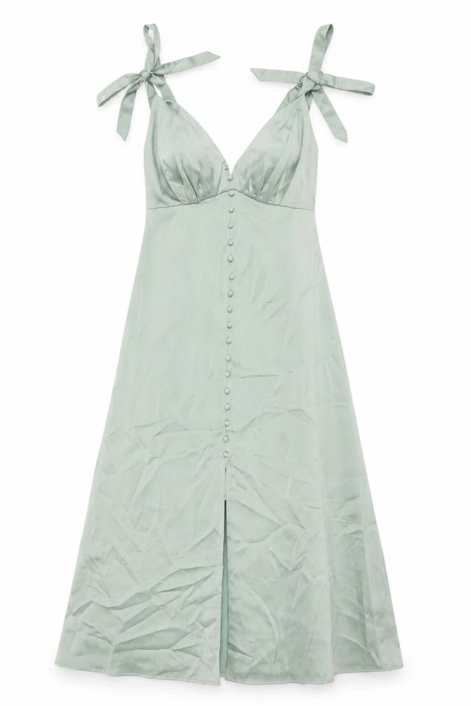 Front view of Oasis women’s green polyester a-line, size UK 12, v-neck zip