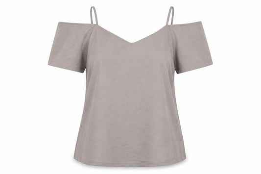 Front view of Boohoo women’s grey polyester basic blouse, size UK 12, v-neck